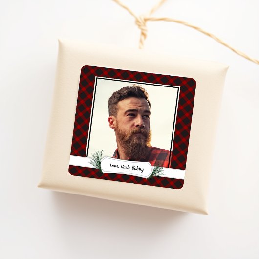 フォトバッファロープレイドクリスマスプレゼントラベルシール スクエアシール