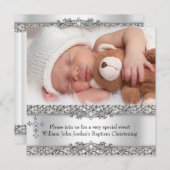 フォトバプティスシルバーレースクロス男の赤ちゃんガール 招待状 (正面/裏面)
