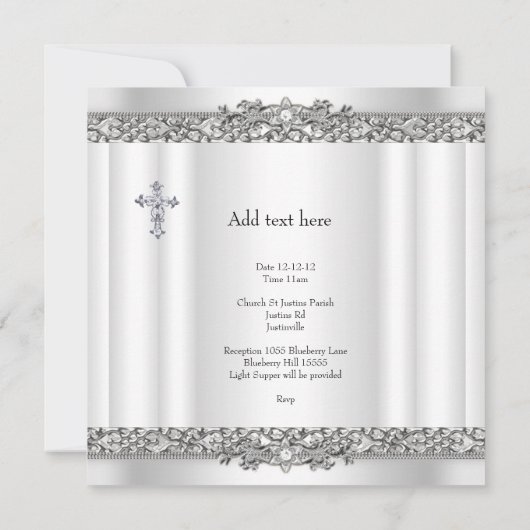 フォトバプティスシルバーレースクロス男の赤ちゃんガール 招待状 (裏面)