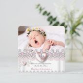 フォトバプティスピンクシルバーハートクロスガールパール 招待状 (スタンド正面)