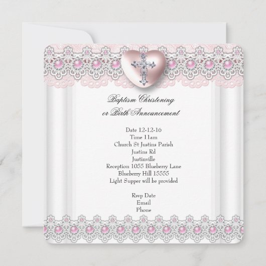 フォトバプティスピンクシルバーハートクロスガールパール 招待状 (裏面)
