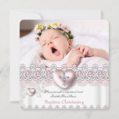 フォトバプティスピンクシルバーハートクロスガールパール 招待状 (正面)