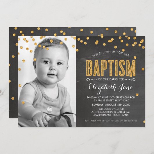 フォトバプティスマス金ゴールドグリッター紙吹雪黒板 招待状 (正面/裏面)