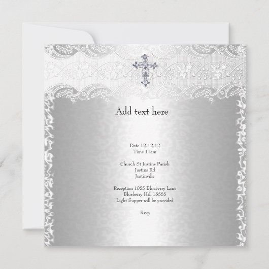 フォトバプティスレースクロス男の赤ちゃんガールシルバー 招待状 (裏面)