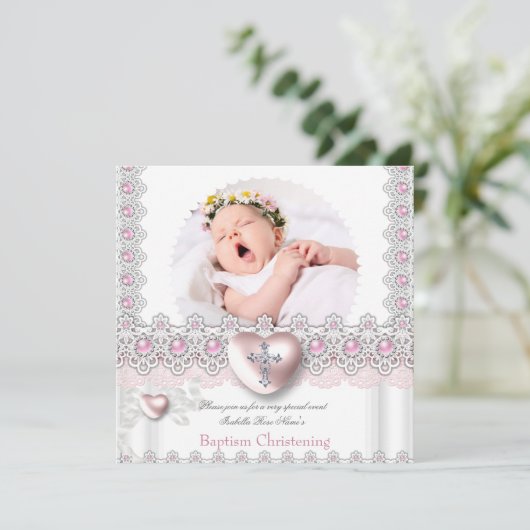 フォトバプテスピンクシルバーハートクロスガールパール2 招待状 (スタンド正面)