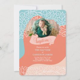 フォトバプテスマを持つオレンジと青の波の少年 招待状