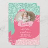 フォトバプテスマを持つピンクとシーグリーンの女の子 招待状 (正面/裏面)