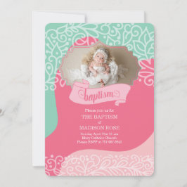 フォトバプテスマを持つピンクとシーグリーンの女の子 招待状