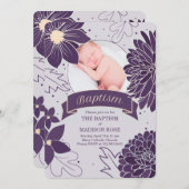 フォトバプテスマを持つ女の子のためのプラム植物学 招待状 (正面/裏面)