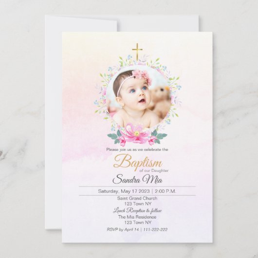 フォトバプテスマ付きラブリーピンクフローラ招待状 招待状 (正面)