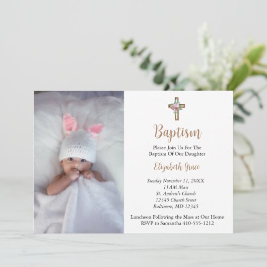 フォトバプテスマ《キリスト教》洗礼式や命名式ベビーガール男の赤ちゃん 招待状 (スタンド正面)