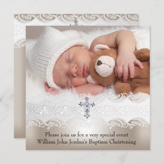 フォトバプテスムホワイトベージュクロスベビーガールボーイ 招待状 (正面/裏面)