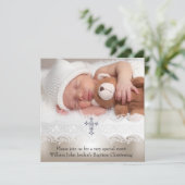 フォトバプテスムホワイトベージュクロスベビーガールボーイ 招待状 (スタンド正面)