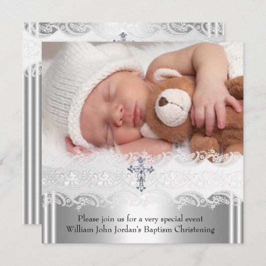 フォトバプテスレースクロス男の赤ちゃんガールシルバー2 招待状 (正面/裏面)