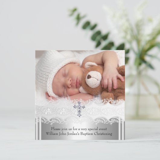 フォトバプテスレースクロス男の赤ちゃんガールシルバー2 招待状 (スタンド正面)