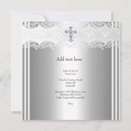 フォトバプテスレースクロス男の赤ちゃんガールシルバー2 招待状 (裏面)