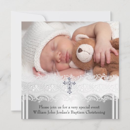 フォトバプテスレースクロス男の赤ちゃんガールシルバー2 招待状 (正面)