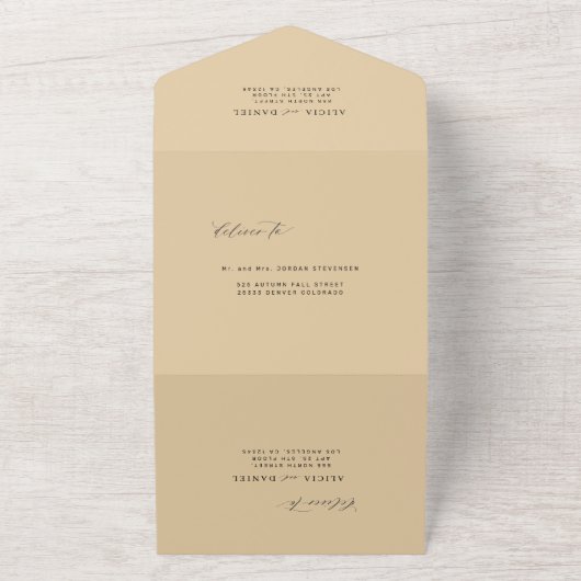 フォトバモダンタエレガントイエローウェディングRSVP オールインワン招待状 (外側)