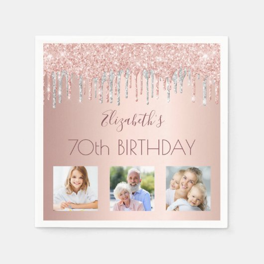 フォトバラ金ゴールドグリッターピンクシルバー70歳の誕生日 スタンダードカクテルナプキン (正面)