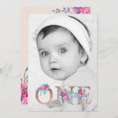 フォトバラ金ゴールドフローラレター1st誕生日赤面 招待状 (正面/裏面)