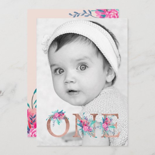 フォトバラ金ゴールドフローラレター1st誕生日赤面 招待状 (正面/裏面)