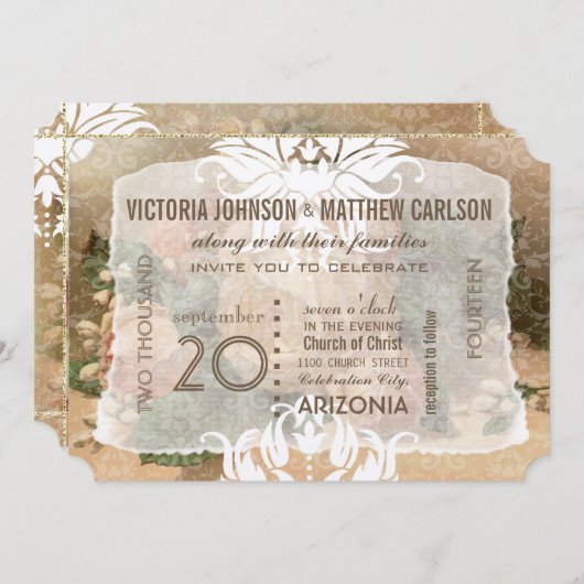 フォトバラ金ゴールドフローラ結婚式招待状 招待状 (正面/裏面)