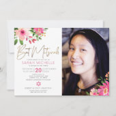 フォトバルミツワーフローラ水彩金ゴールドスクリプト 招待状 (正面)