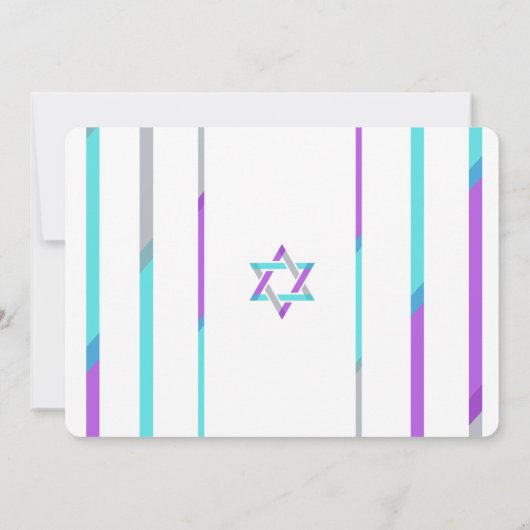 フォトバルミツワー招待状 |紫+ティール(緑がかった色) 招待状 (裏面)