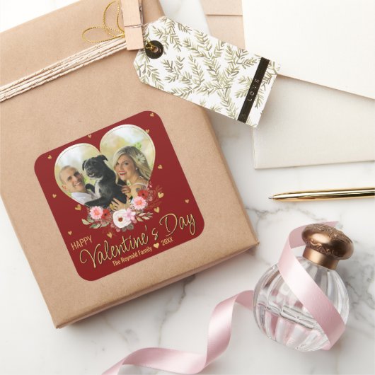 フォトバレンタインデーハート金ゴールドグリッターハート赤 スクエアシール (ギフト)