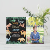 フォトバーウォンブラックグリッター恐竜誕生日 招待状 (スタンド正面)