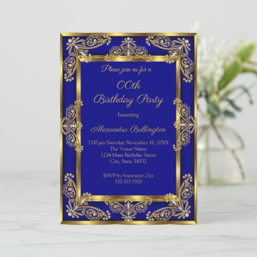 フォトバースデーエレガントタパーティー王室のブルー金ゴールドジュエル 招待状 (スタンド正面)