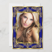 フォトバースデーエレガントタパーティー王室のブルー金ゴールドジュエル 招待状 (裏面)