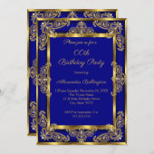 フォトバースデーエレガントタパーティー王室のブルー金ゴールドジュエル 招待状 (正面/裏面)
