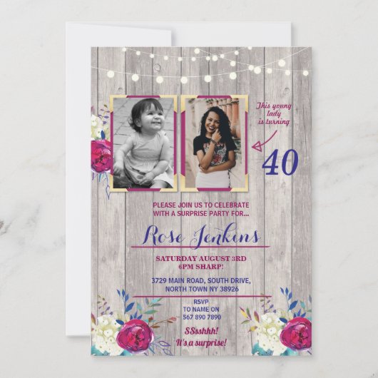フォトバースデーパーティフローラパープルウッド2写真 招待状 (正面)