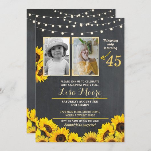フォトバースデーパーティーひまわりチョーク2写真 招待状 (正面/裏面)