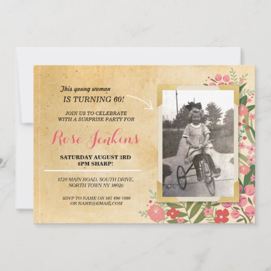 フォトバースデーパーティーコーラルフローラヴィンテージ招待状 招待状 (正面)