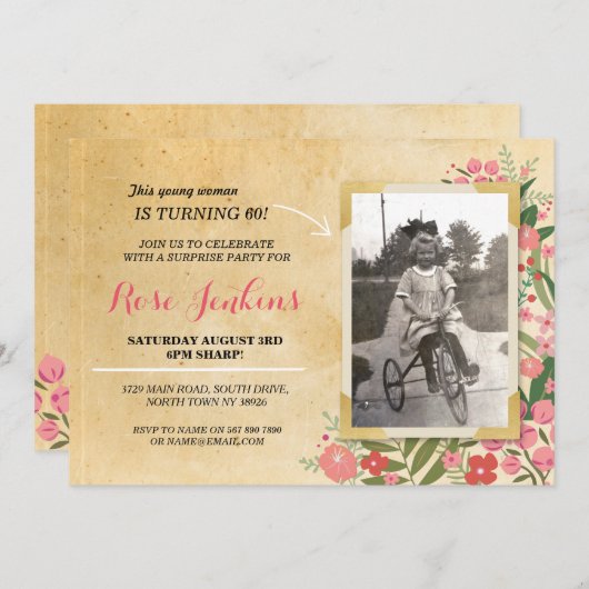 フォトバースデーパーティーコーラルフローラヴィンテージ招待状 招待状 (正面/裏面)