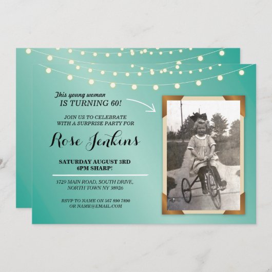フォトバースデーパーティーティール（緑がかった色）ストリングライト招待状 招待状 (正面/裏面)