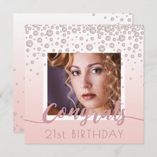 フォトバースデーパーティーバラ金ゴールドダイヤモンドのガラス 招待状 (正面/裏面)