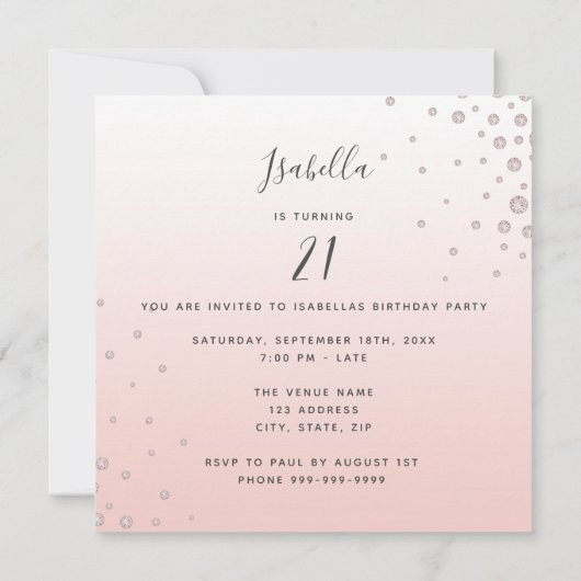 フォトバースデーパーティーバラ金ゴールドダイヤモンドのガラス 招待状 (裏面)