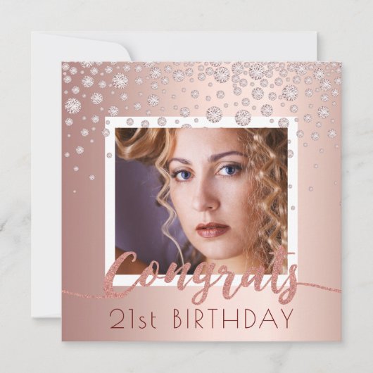 フォトバースデーパーティーバラ金ゴールドダイヤモンドのガラス 招待状 (正面)