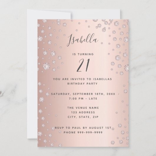 フォトバースデーパーティーバラ金ゴールドダイヤモンド 招待状 (裏面)