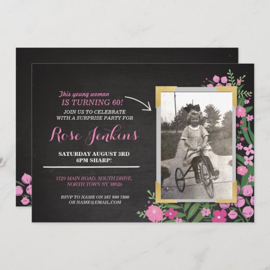 フォトバースデーパーティーピンクフローラ任意の年齢招待状 招待状 (正面/裏面)