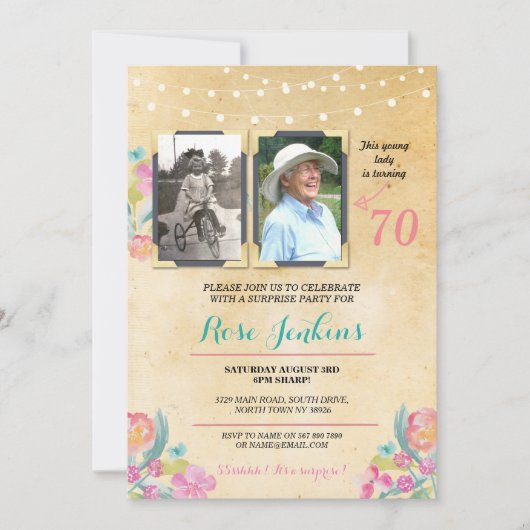 フォトバースデーパーティーピンクフローラ2写真招待状 招待状 (正面)