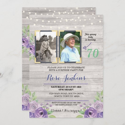 フォトバースデーパーティーフローラパープルウッド2写真 招待状 (正面/裏面)