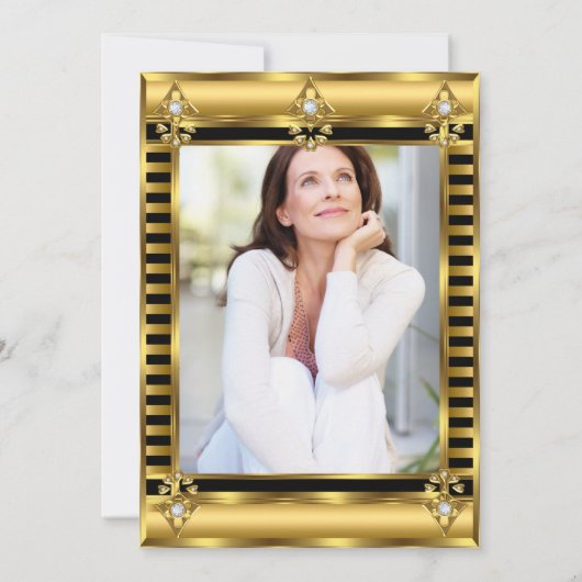 フォトバースデーパーティーブラック金ゴールドデコストライプ 招待状 (裏面)