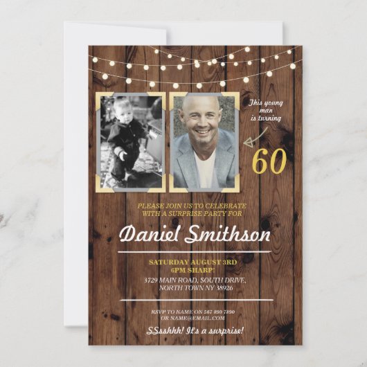 フォトバースデーパーティー男性の写真サプライズウッド 招待状 (正面)