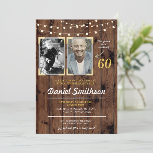 フォトバースデーパーティー男性の写真サプライズウッド 招待状 (スタンド正面)