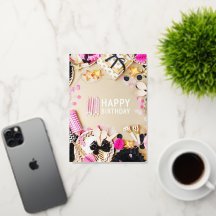 フォトバースデーパーティー金ゴールドブラック&ピンクフォイルカード