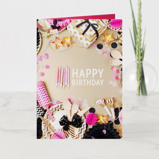 フォトバースデーパーティー金ゴールドブラック&ピンクフォイルカード 箔グリーティングカード (正面)